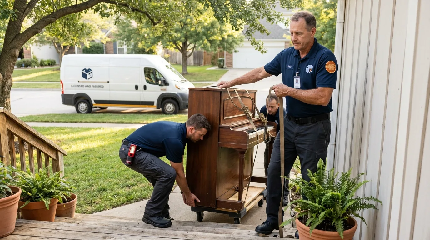 Licensed piano movers securing grand piano in Kearny, AZ