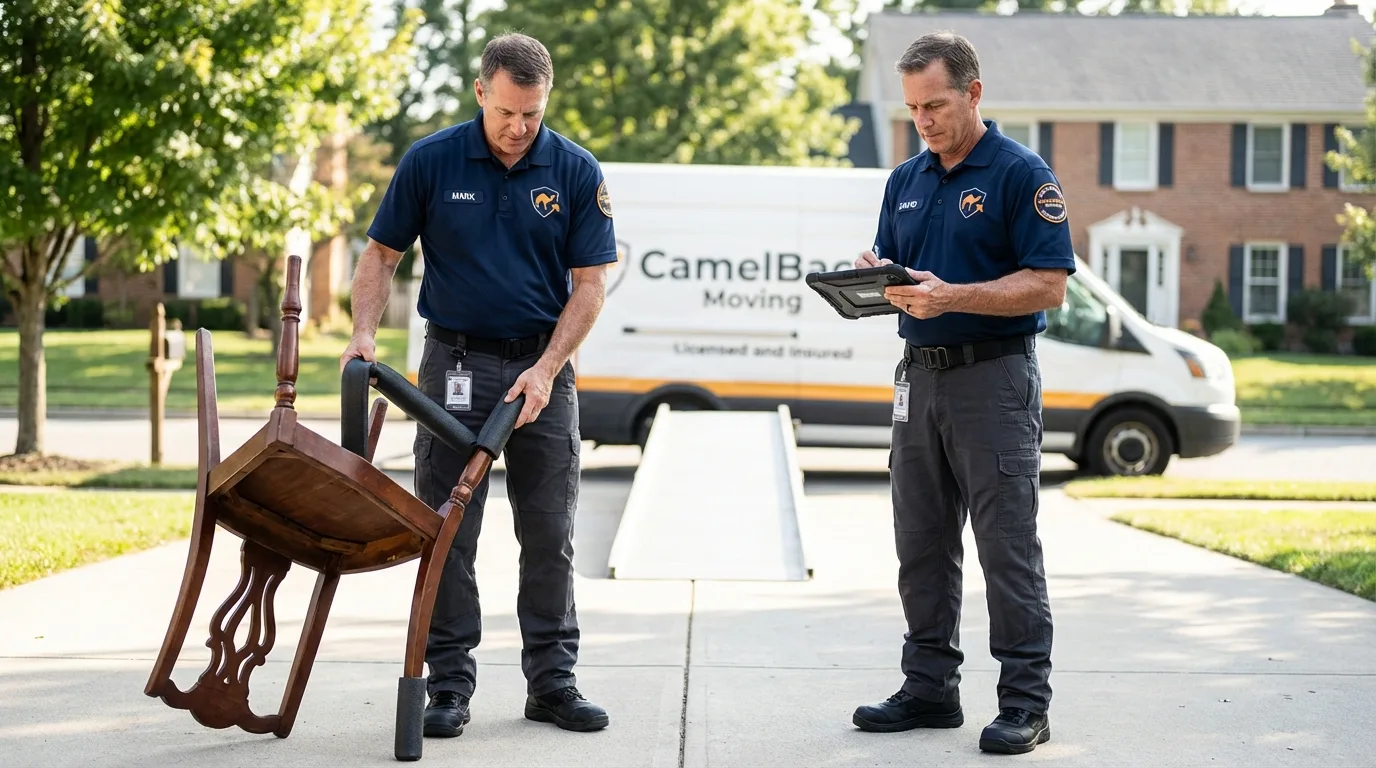 Movers inspecting furniture for damage prevention before loading in Kearny, AZ
